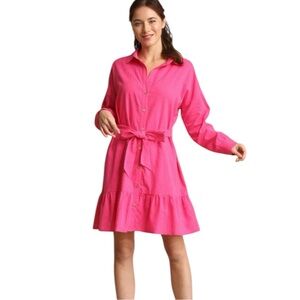 GiGiO Long Sleeve Mini Dress Button Down Collared 100% Cotton Pink Barbie‎